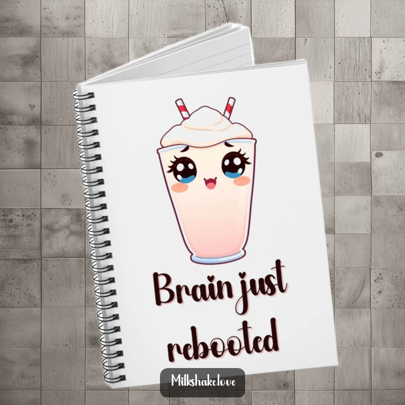 Funny Notebook with a cover featuring a Kawaii milkshake peeking over the rim with wide, surprised eyes for a comical touch.