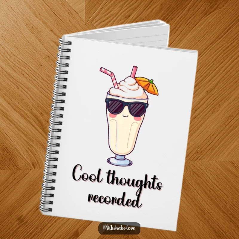 Funny Kawaii milkshake notebook, a design of a cool milkshake with sunglasses, ideal for jotting down ideas with flair.