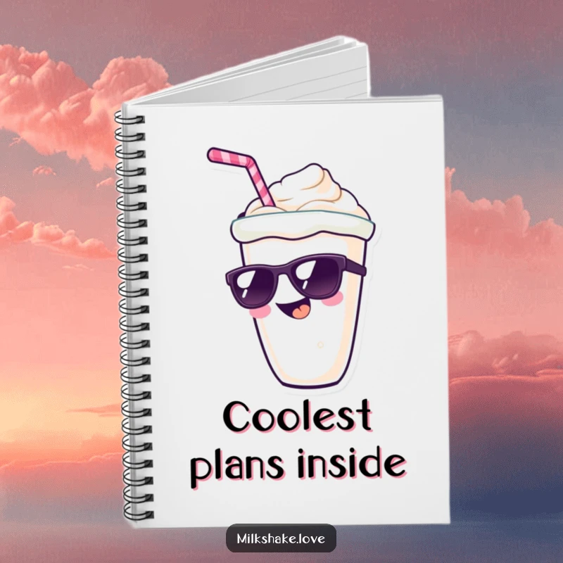 Funny kawaii milkshake character with a wide grin and sunglasses, a stylish and humorous design for a notebook cover.