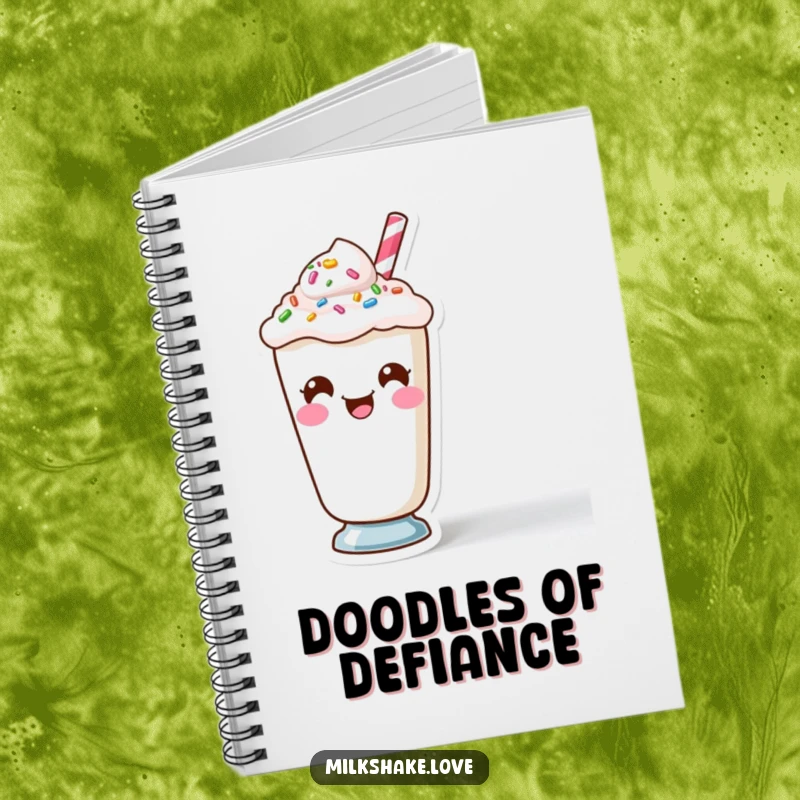 Funny Kawaii Milkshake character making a funny face with sprinkles on the cover of a fun notebook.