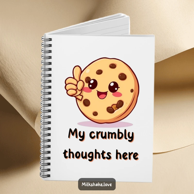 Funny cookie character with a missing crumb giving a thumbs up on a notebook cover, ideal for journaling sweets.