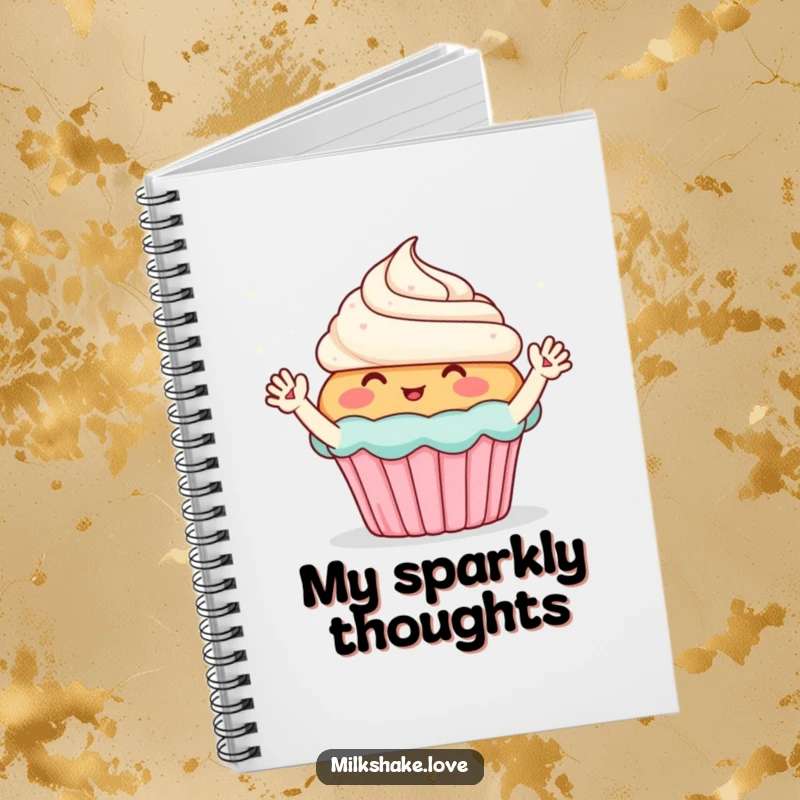 Funny notebook cover featuring a blushing cupcake with tiny waving arms, enthusiastically greeting sparkles, inspiring sweet and joyful writing.