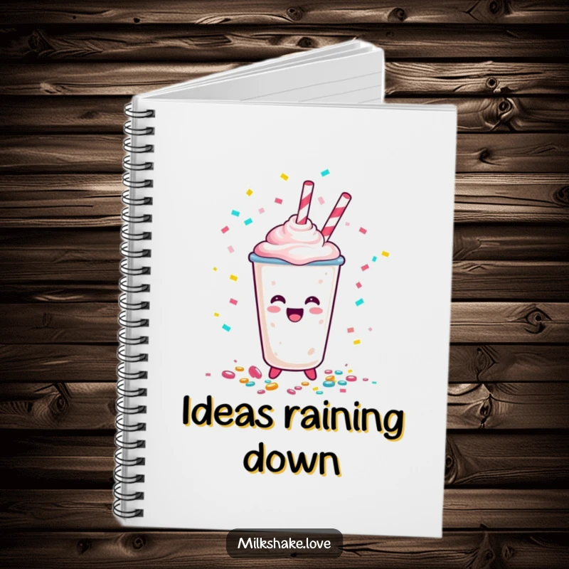 Funny Happy Milkshake Cup Notebook, a cartoon character spilling confetti, perfect for noting down ideas with a festive and joyful spirit.