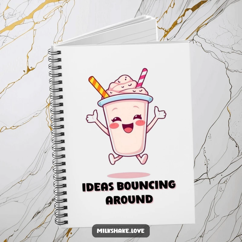 Funny Milkshake Cup Notebook, a jubilant cartoon character captured mid-leap, inspiring creativity and joy on every page, perfect for notes and doodles.