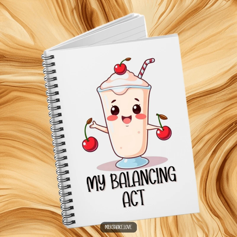 Funny Notebook with a happy kawaii milkshake juggling three tiny cherries, perfect for jotting down notes with playful skill.