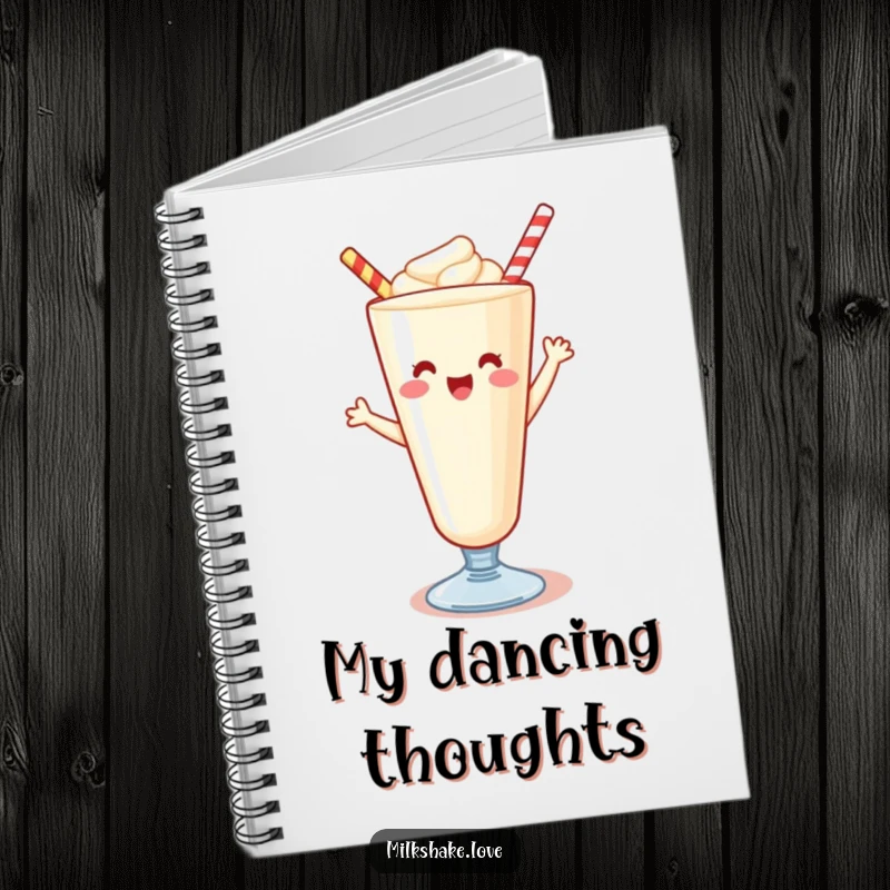 Funny Kawaii milkshake notebook, a cute design of a dancing milkshake, ideal for jotting down notes with a smile.
