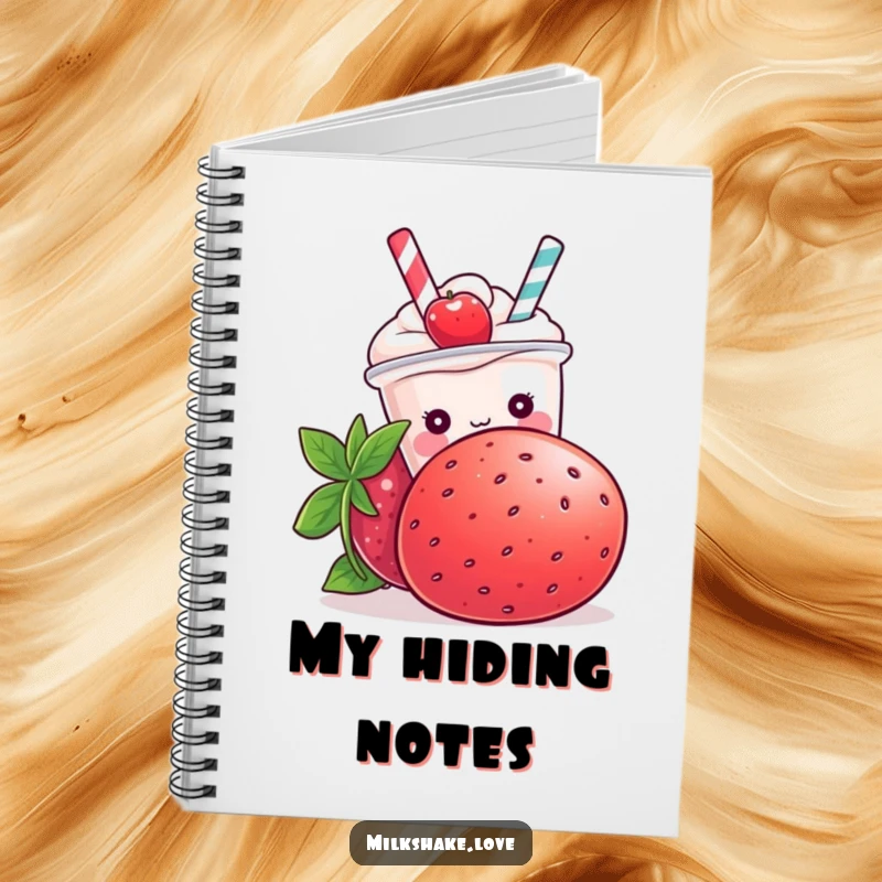 Funny Kawaii milkshake character hiding behind a strawberry on a notebook cover, perfect for journaling secrets.
