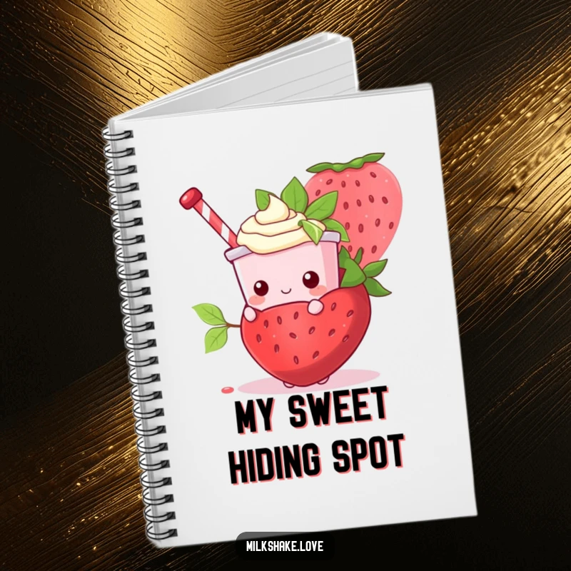 Funny Kawaii Milkshake character hiding behind a giant strawberry on the cover of a kawaii notebook.