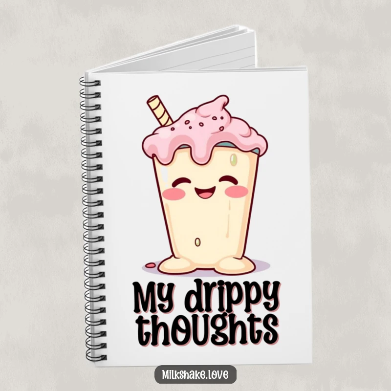 Funny melting milkshake with a goofy grin slumping happily, gracing the cover of a notebook. Ideal for jotting down sweet thoughts.
