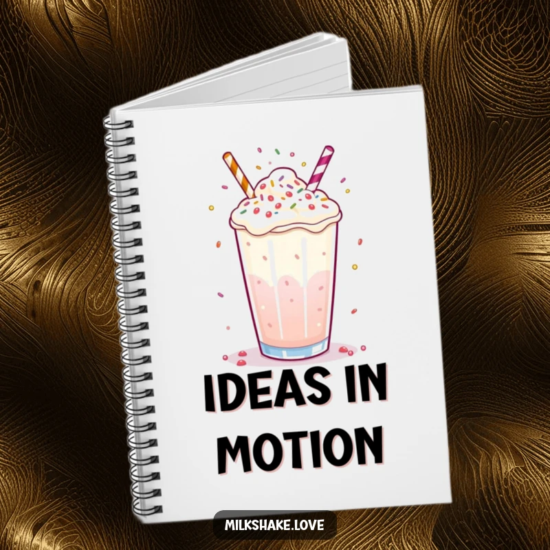 Funny milkshake notebook with a bubbly drink juggling tiny sprinkles with its surface, perfect for journaling.