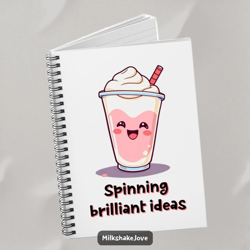 Funny smiling milkshake cup doing a cheerful spin on the cover of this notebook, inspiring creativity.