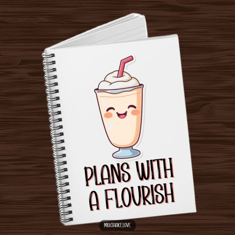 Funny cute milkshake with a straw giving a cheerful wink on the cover of a lined notebook for jotting down happy thoughts.