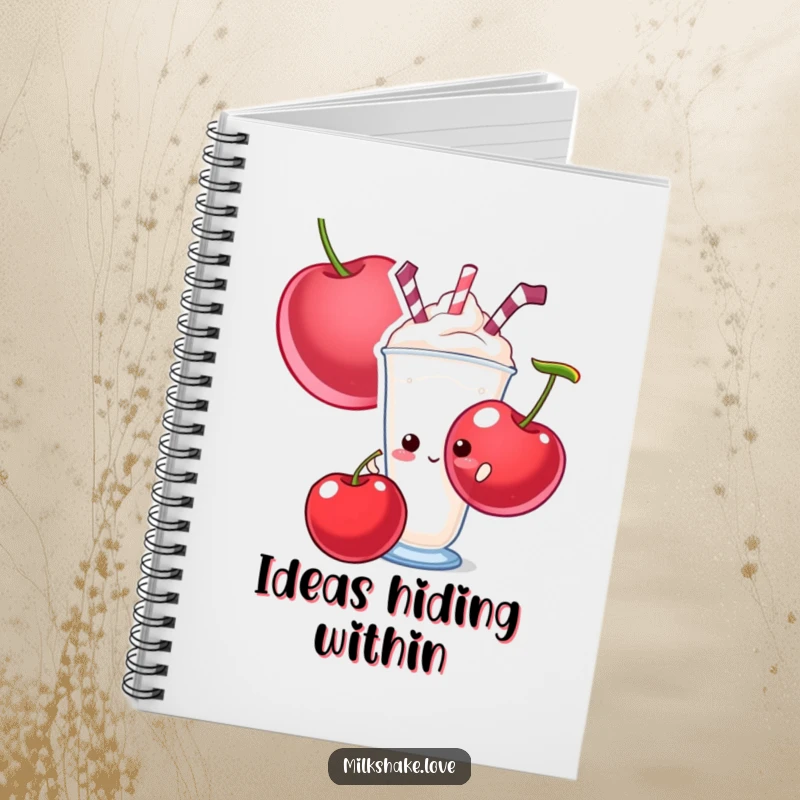 Funny notebook with a shy milkshake peeking from behind a giant cherry, ideal for journaling sweet thoughts.