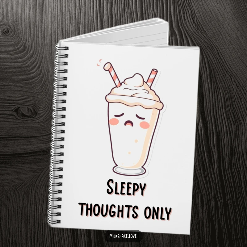 Funny notebook with a sleepy milkshake character yawning, straw drooping, ready to record tired thoughts.