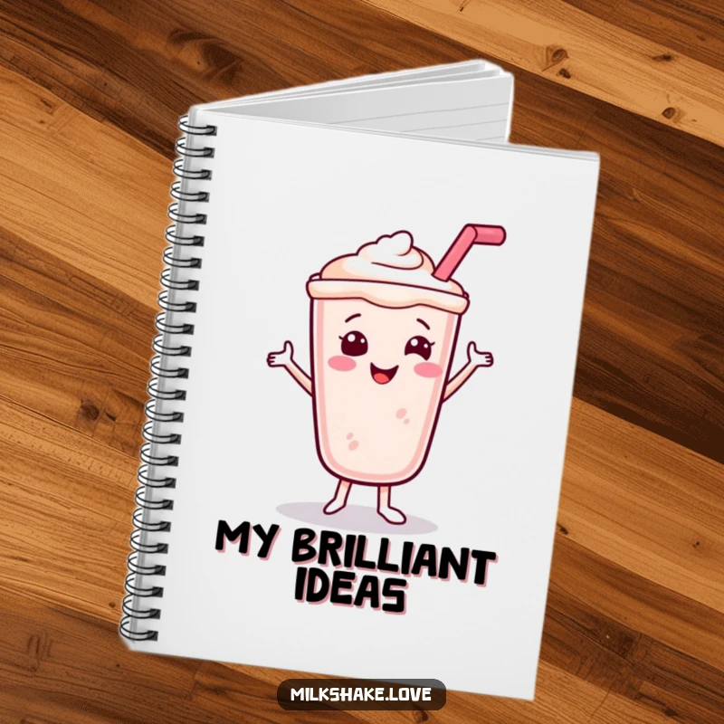 Funny Smiling Milkshake Notebook showing a happy dancing milkshake with a straw, perfect for note-taking with sweetness and humor.