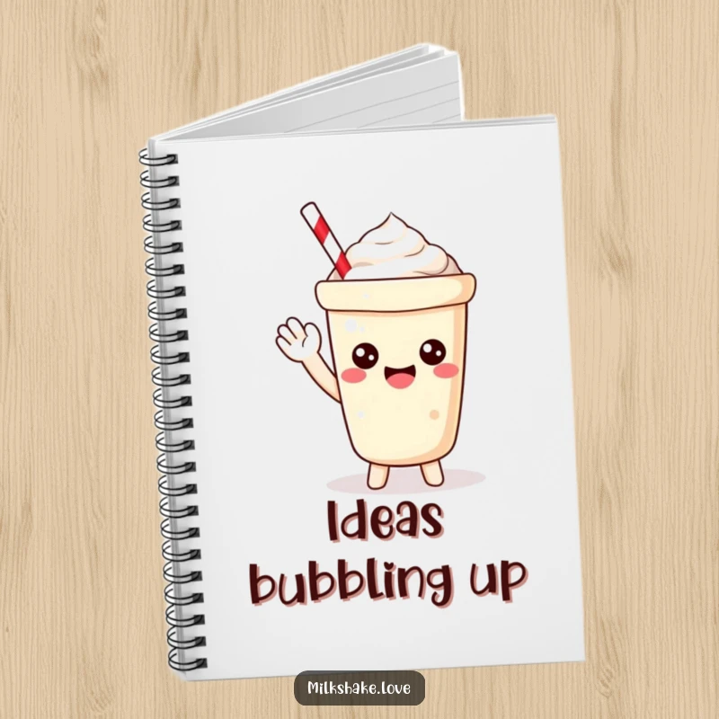 Funny Notebook with a petite Kawaii milkshake, happy and bubbly, waving hello on the cover for sweet note-taking.