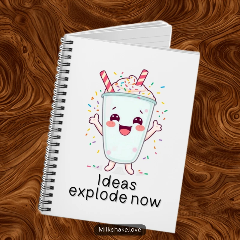 Funny notebook with a cheering milkshake character amidst exploding colorful sprinkles, ready to jot ideas.