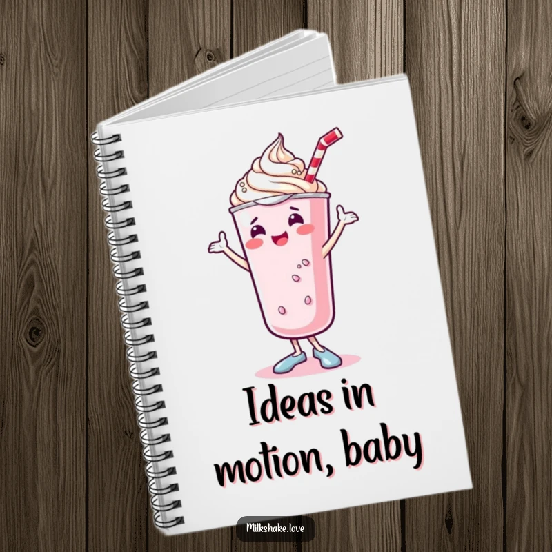 Funny kawaii milkshake notebook with a cute, dancing milkshake and whipped cream doing a joyful shimmy, ideal for jotting down creative thoughts.