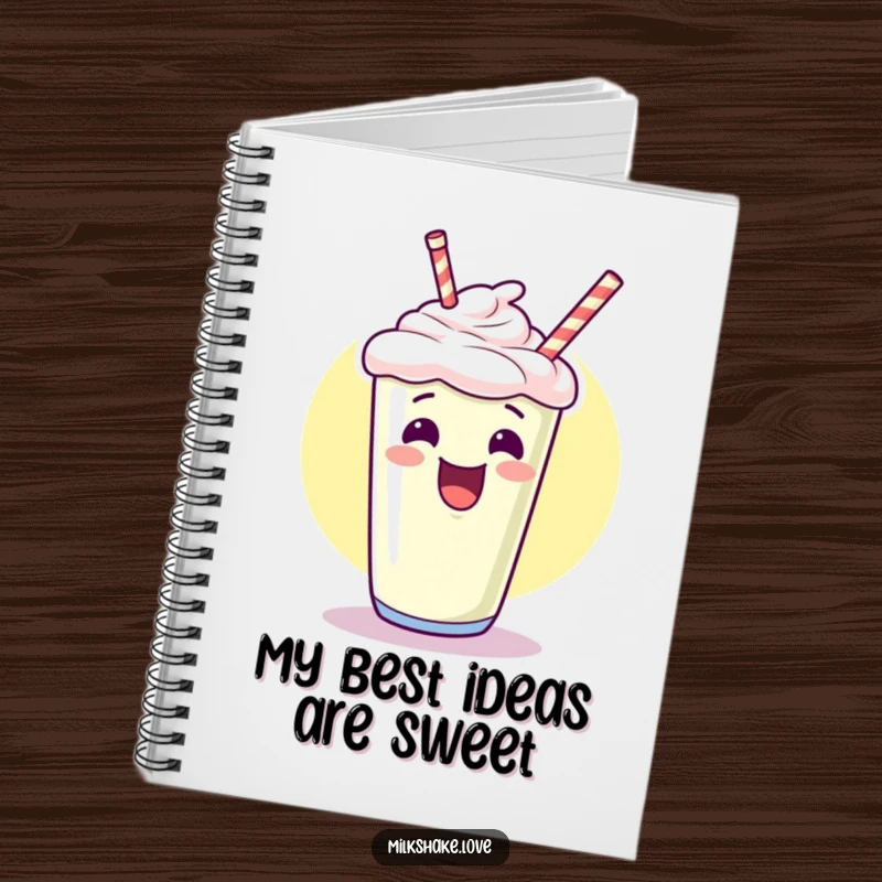 Funny kawaii milkshake notebook, giggling and pointing upwards with an excited flourish, a humorous diary for notes and doodles.