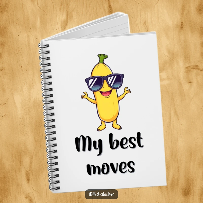 Funny notebook cover featuring a giggling banana in oversized sunglasses, striking a cool disco pose, inspiring creative fun.