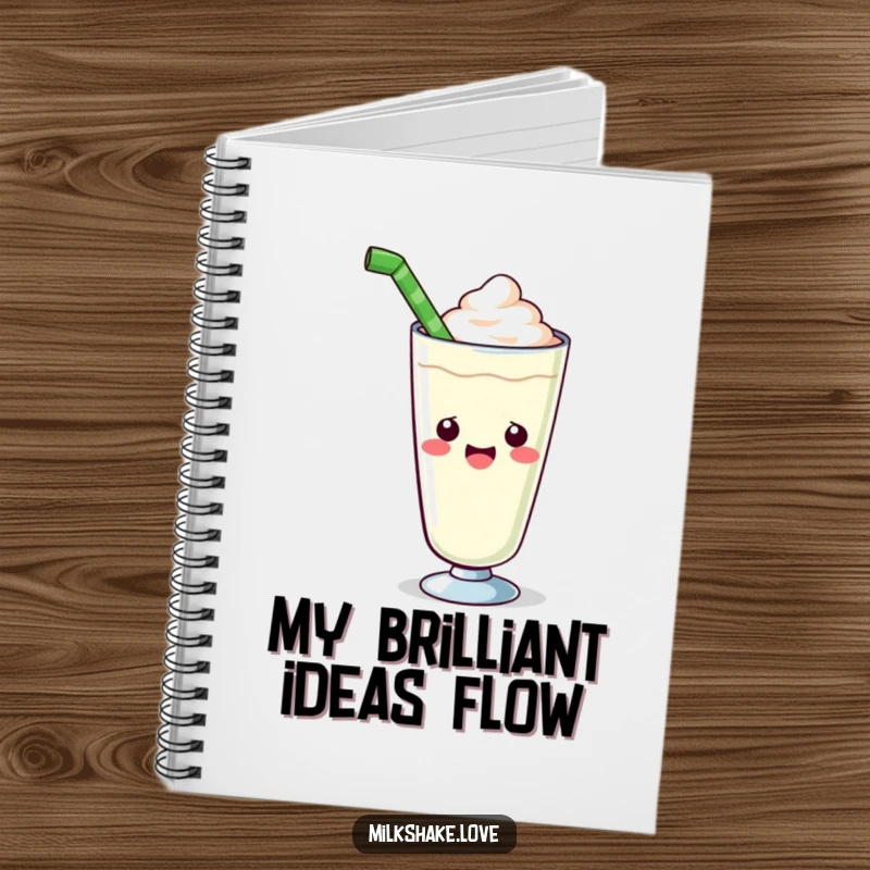 Funny kawaii milkshake notebook featuring a cute glass enthusiastically offering a giant straw, perfect for jotting down creative thoughts and plans.
