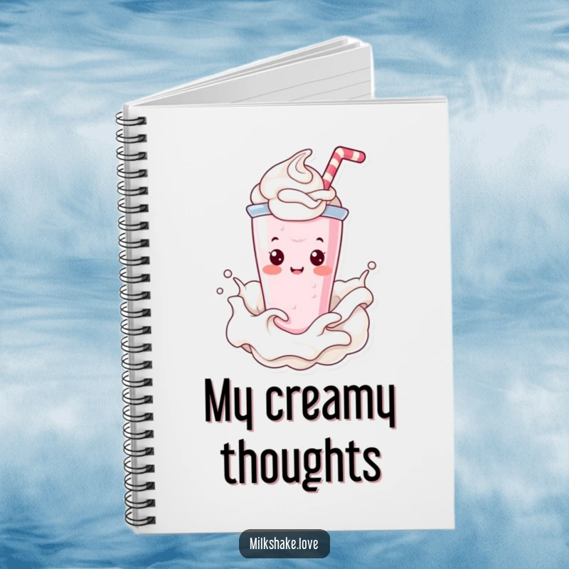 Funny Notebook showcasing a cute Kawaii milkshake character happily splashing through whipped cream, ideal for note-taking.