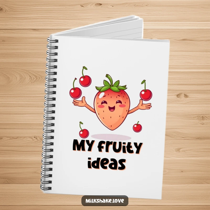 Funny Juggling Strawberry Notebook: A smiling strawberry with arms outstretched joyfully juggling cherries, perfect for note-taking.