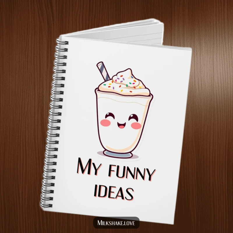 Funny Kawaii milkshake character making a funny face with sprinkles on a notebook cover, for jotting down jokes.