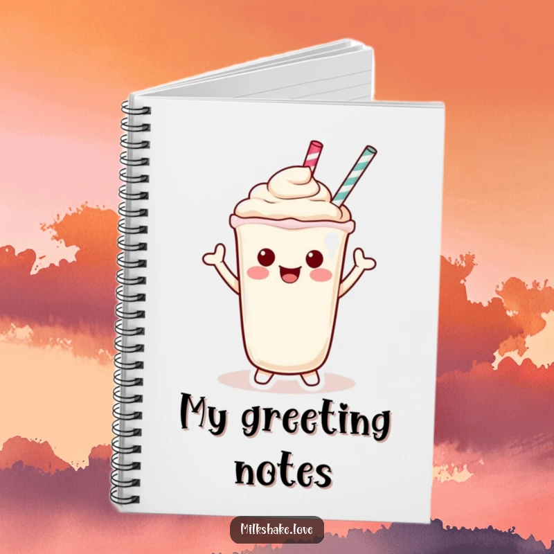 Funny Notebook showcasing a cute Kawaii milkshake character waving cheerfully with its straw, ideal for note-taking.