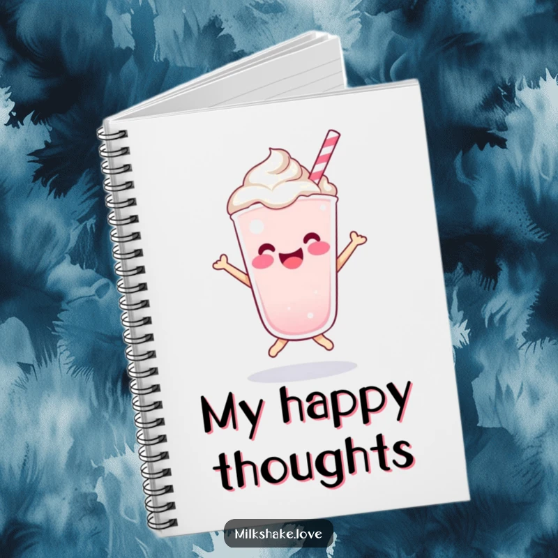Funny Kawaii milkshake character in a happy bounce on a notebook cover, perfect for writing cheerful notes.