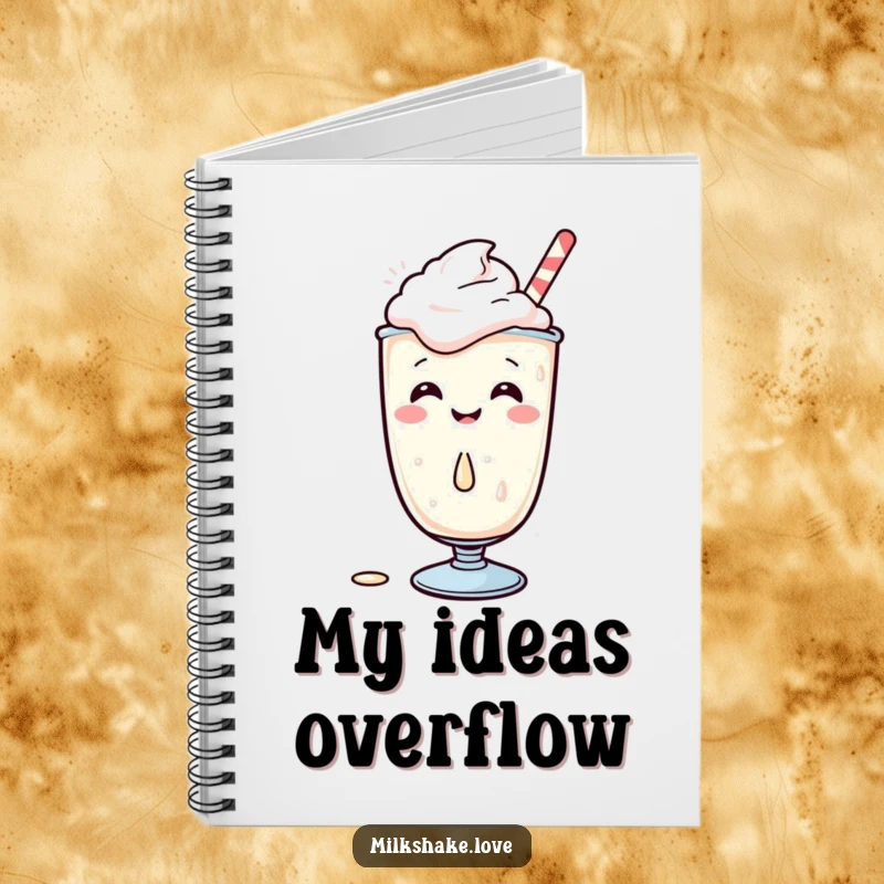 Funny Kawaii Milkshake Notebook, a giggling character spills a drop, ruled pages for writing and drawing, unique gift idea.