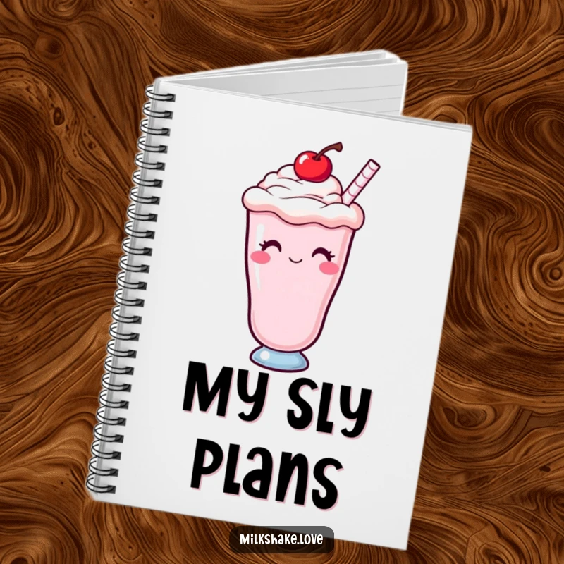 Funny Kawaii milkshake with a cherry on top, winking, inside a notebook for jotting down sweet and cheeky ideas.