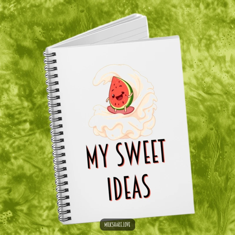 Funny Watermelon Surf Notebook featuring a happy watermelon slice surfing a whipped cream wave, perfect for jotting down ideas and doodles.