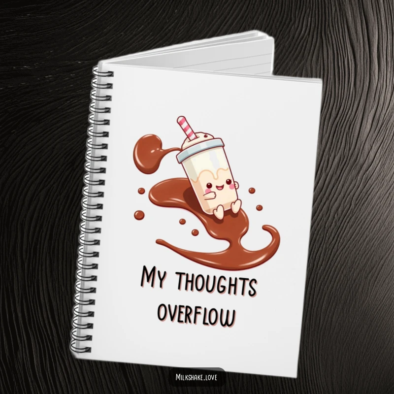 Funny notebook with a milkshake sliding down chocolate syrup, ideal for capturing sweet ideas and adventures.