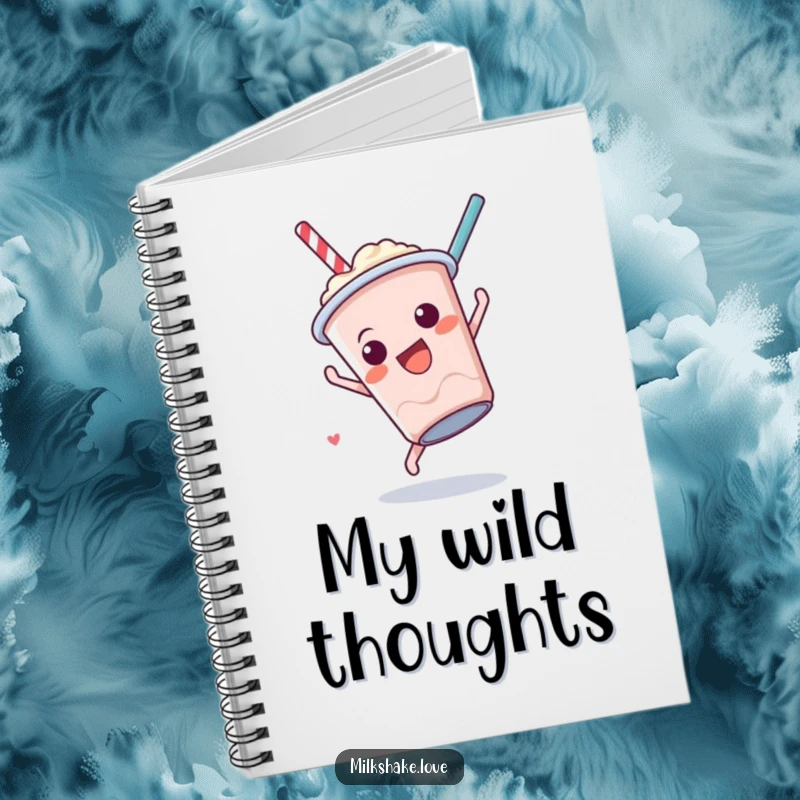Funny Milkshake Somersault Notebook showing a cute anthropomorphic milkshake cup performing a fun somersault, perfect for note-taking with humor.