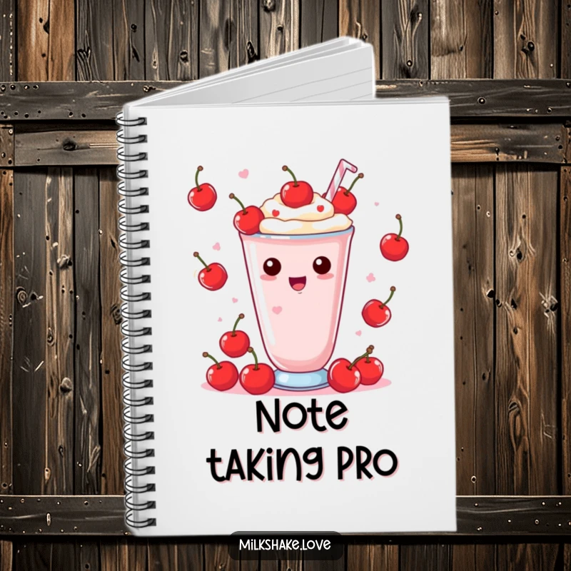 Funny Notebook with a cover featuring a Kawaii milkshake delightedly juggling small red cherries for a playful touch.