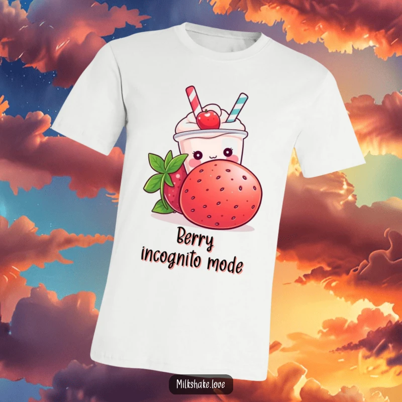 Funny Kawaii milkshake character hiding behind a massive strawberry, with only its eyes peeking out on a t-shirt.