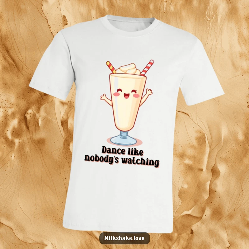 Funny Kawaii milkshake t-shirt, a cute character enthusiastically dancing, perfect for spreading joy and laughter.