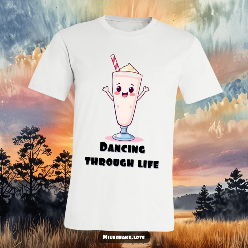 Funny Kawaii milkshake in a tall glass, joyfully doing a happy dance, printed on a t-shirt for sweet, cheerful fashion.