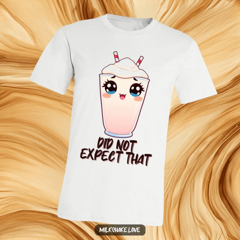 Funny T-Shirt with a Kawaii milkshake peeking over the rim, its wide eyes showcasing a perfectly surprised and comical expression.
