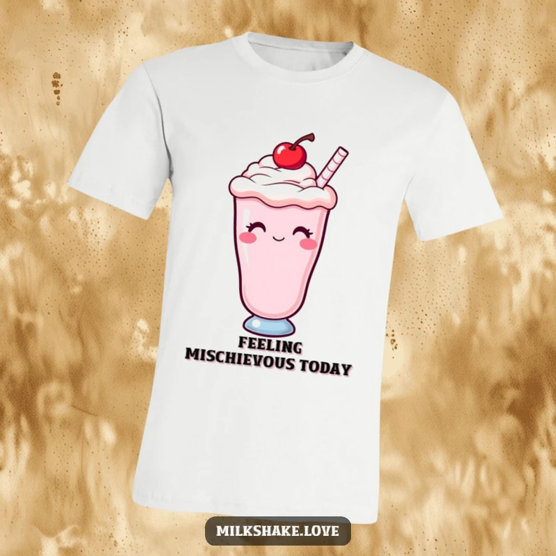 Funny Kawaii milkshake with a cherry on top, winking mischievously, printed on a t-shirt for sweet and sassy fashion.