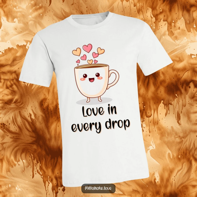 Funny coffee cup character with little feet joyfully pouring out a stream of love hearts, printed on a soft tee.
