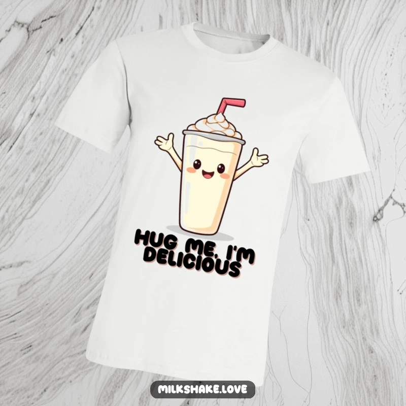 Funny t-shirt showing a cheerful milkshake with open arms offering a friendly wave, perfect for spreading joy.