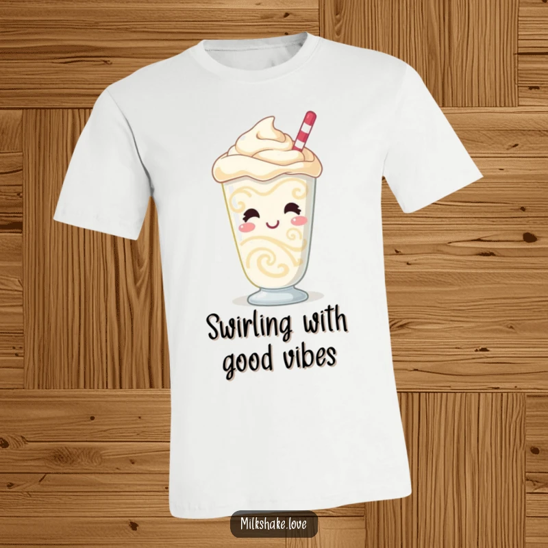 Funny Milkshake T-Shirt showcasing a giggling character with vibrant swirling patterns and a bubbly demeanor, ideal for casual wear.