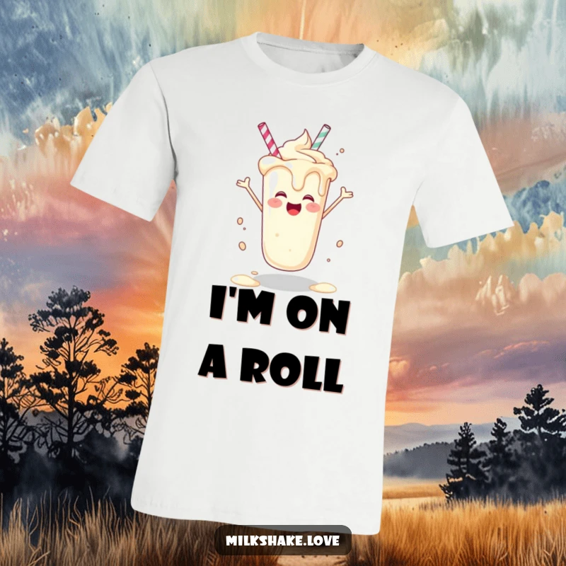 Funny happy milkshake doing a celebratory spin, dripping with joy, a perfect funny gift.