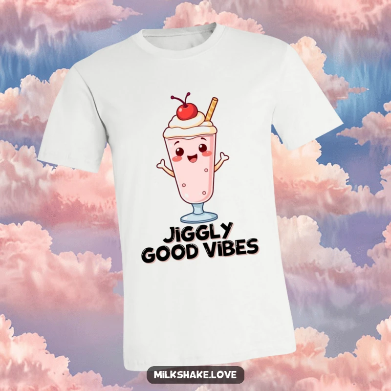 Funny t-shirt featuring a smiling milkshake with a cherry on top, doing a happy jig, full of energy and fun.