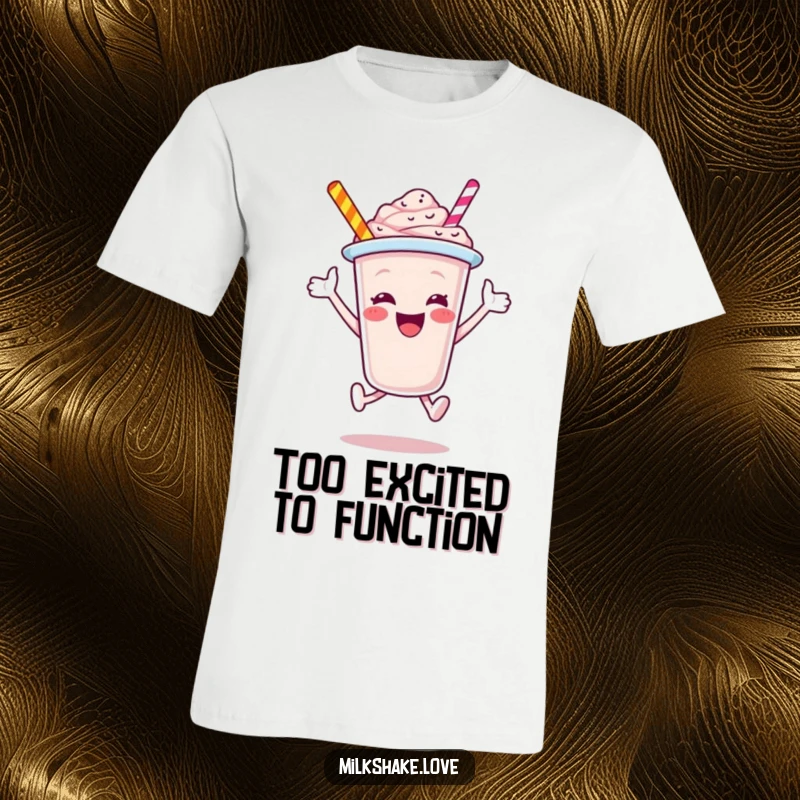 Funny Milkshake Cup T-Shirt, a jubilant cartoon character captured mid-air, full of energy and happiness, a wearable celebration.