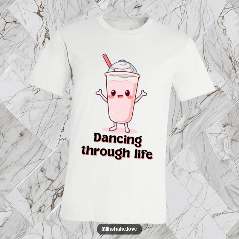 Funny T-Shirt showcasing a cute Kawaii milkshake character doing a hilarious silly dance, with its lid bobbing along.