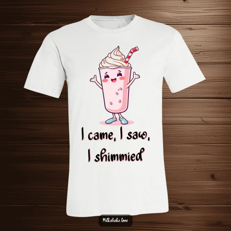 Funny kawaii milkshake t-shirt with a cute, dancing milkshake and whipped cream performing a joyful shimmy, a hilarious fashion statement.