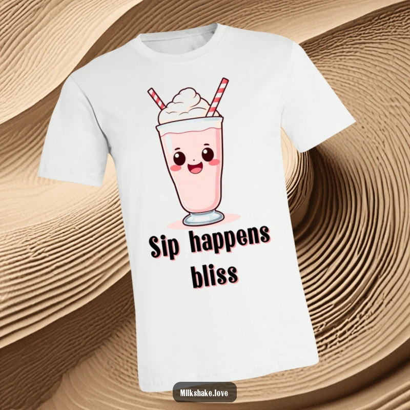 Funny Kawaii Milkshake T-Shirt: A kawaii milkshake with a big smile taking a big sip, expressing pure delight.